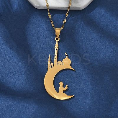 201 Stainless Steel Hollow Moon with Castle and Prayer Pendant Necklaces for Ramadan & Eid Mubarak NJEW-D318-05G-1