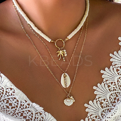 Summer Beach Alloy & Natural Shell & White Polymer Clay Heishi Beads Shell Shape Pendant 3 Layer Necklaces for Women FS-WG8B7EE-04-1