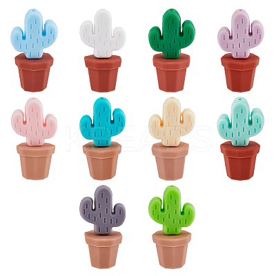 10 Sets 10 Colors Cactus & Potted Plants Food Grade Eco-Friendly Silicone Focal Beads SIL-DC0001-22-1