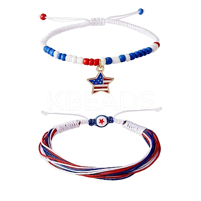 2Pcs 2 Color Alloy Enamel Star Charms Braided Bead Bracelet BJEW-SW00046-1
