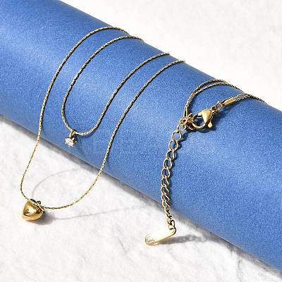 304 Stainless Steel Heart Pendant Double Layered Necklaces for Women NJEW-Z091-01G-1