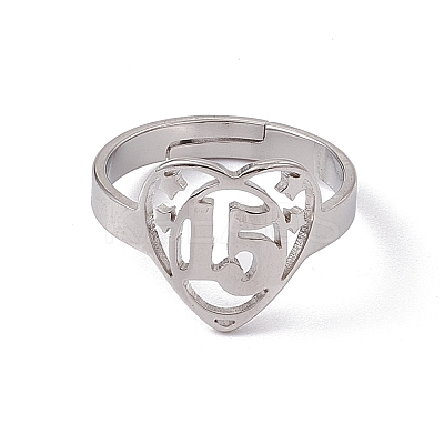 Non-Tarnish 201 Stainless Steel Heart with Number 15 Adjustable Ring for Women RJEW-C045-12P-1