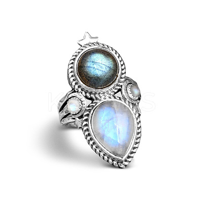 Teardrop & Oval Bohemian Style Zinc Alloy with Resin Imitation Moonstone/Rhinestone Finger Rings FS-WGFB6C4-03-1