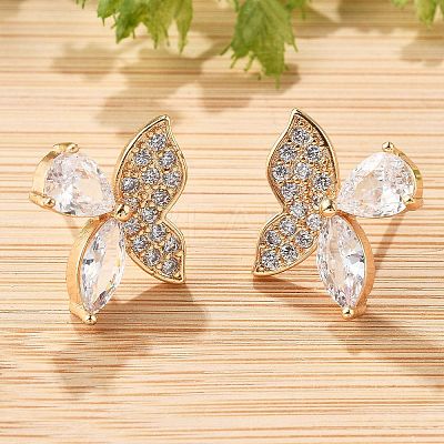 Butterfly Brass Micro Pave Clear Cubic Zirconia Stud Earrings for Women EJEW-G428-08G-1