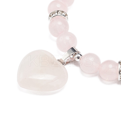 Natural Rose Quartz Round Beaded Stretch Bracelet with Heart Charm BJEW-JB09019-03-1