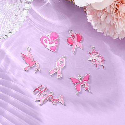 14Pcs 7 Styles Breast Cancer Pink Awareness Ribbon Theme Alloy Enamel Pendants ENAM-FP0002-54-1