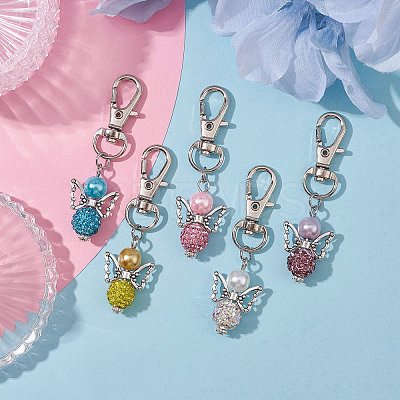 5Pcs 5 Colors Angel Polymer Clay Rhinestone Pendant Decorations HJEW-JM01745-1