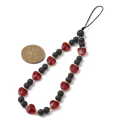 Round Natural Lava Rock & Heart Glass Beaded Mobile Straps HJEW-TA00027-1