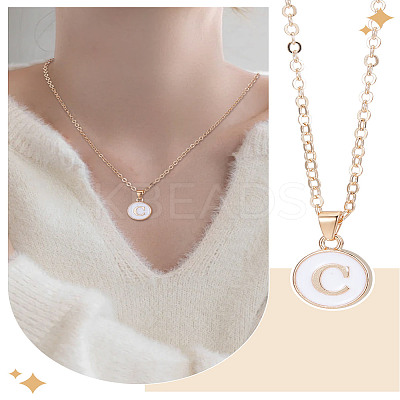 1Pc Zinc Alloy White Enamel Round with Letter Pendant Necklaces NJEW-LP0002-88G-C-1