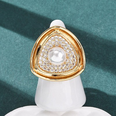 Adjustable Brass Micro Pave Clear Cubic Zirconia with ABS Plastic Pearl Cuff Rings RJEW-G368-05G-1