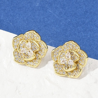 Flower Brass Micro Pave Clear Cubic Zirconia Stud Earrings EJEW-M082-19G-1