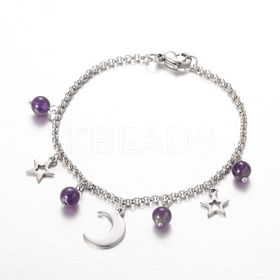 Moon & Star Stainless Steel Gemstone Charm Bracelets BJEW-JB01935-03-1