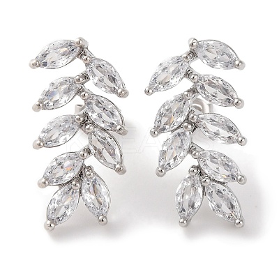 Leaf Brass Micro Pave Clear Cubic Zirconia Dangle Stud Earrings EJEW-F348-01P-1