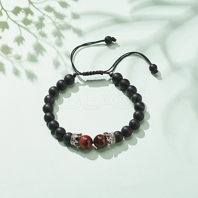Natural Frosted Dyed & Heated Black Agate & Tiger Eye Braided Bead Bracelet with Alloy Crown BJEW-JB08249-05-1