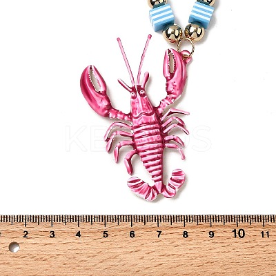 Plastic Pink Lobster Pendant Striped Square Beaded Necklaces with Alloy End Chains NJEW-D336-02G-1