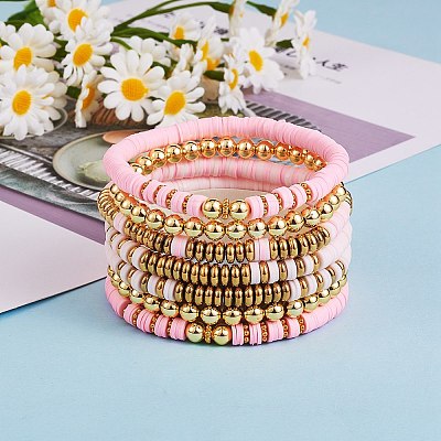 Synthetic Hematite & Polymer Clay Heishi Beads Stretch Bracelets Set BJEW-PH01487-01-1