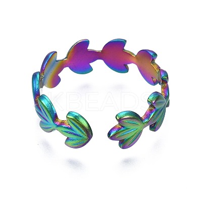 304 Stainless Steel Leaf Wrapped Cuff Ring RJEW-N038-062-1