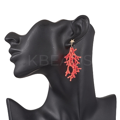 Star with Coral Handmade Glass Seed Beads Tassel Stud Earrings EJEW-MZ00472-01-1