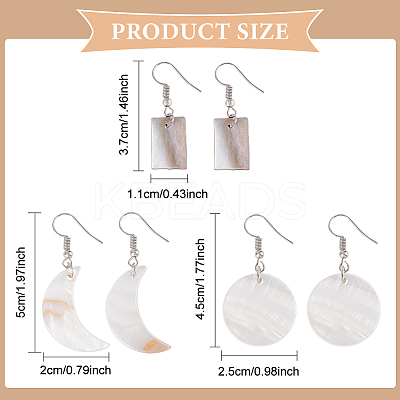 3 Pairs 3 Style Flat Round & Moon & Rectangle Acrylic Imitation Shell Dangle Earrings EJEW-AN0002-94-1