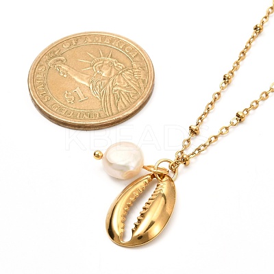 Cowrie Shell & Natural Pearl Pendant Necklace for Teen Girl Women NJEW-JN03717-02-1