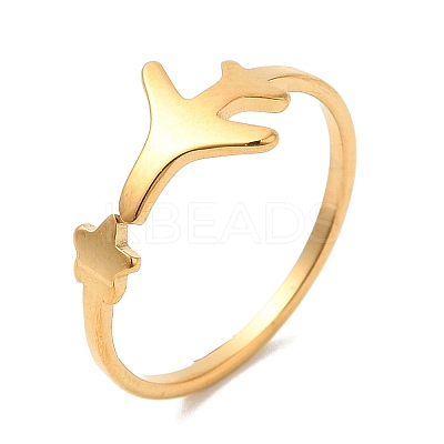 Ion Plating(IP) 304 Stainless Steel Star & Airplane Open Cuff Ring for Women RJEW-M149-12G-1