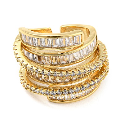 Rack Plating Brass Micro Pave Cubic Zirconia Open Cuff Ring for Women RJEW-F153-05G-1