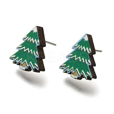 Christmas Printed Wood Stud Earrings for Women EJEW-U025-01D-1