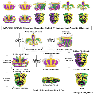 12Pcs 6 Style MARDI GRAS Carnival Double-Sided Transparent Acrylic Pendant SACR-CJ0001-67-1