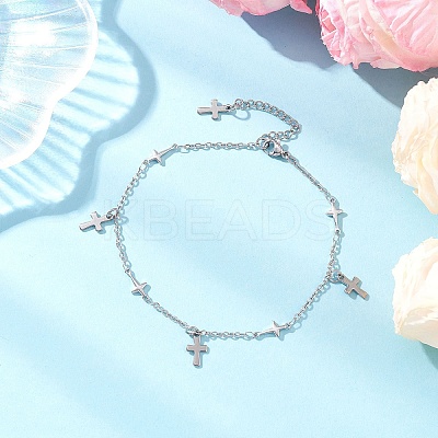 3Pcs 3 Styles 304 Stainless Steel Cross Link Chain Anklets AJEW-AN00739-1