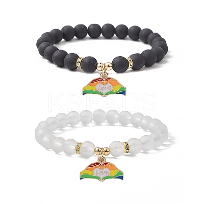 2Pcs 2 Style Synthetic Hematite & Glass Round Beaded Stretch Bracelets Set BJEW-JB10050-01-1
