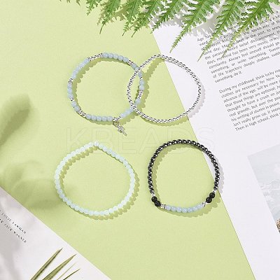 4Pcs 4 Style Natural Angelite & Lava Rock & Opalite Round Beaded Stretch Bracelets Set BJEW-JB09083-1
