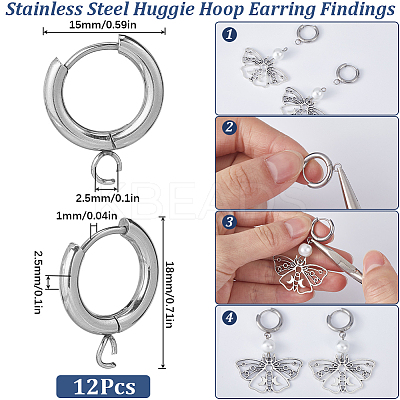 12Pcs 201 Stainless Steel Huggie Hoop Earring Findings STAS-SC0007-98P-1