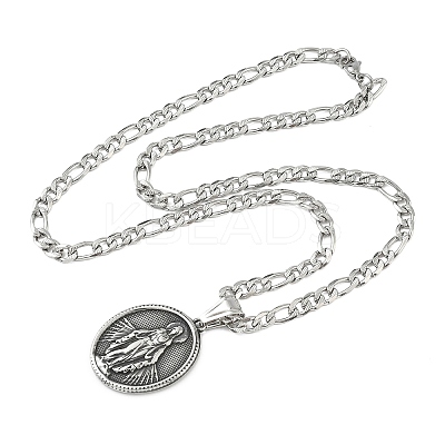 201 Stainless Steel Oval with Virgin Mary Pendant Figaro Chain Necklaces NJEW-C104-03-1