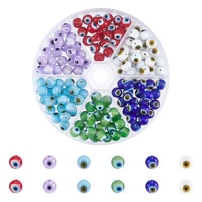 144Pcs 6 Colors Handmade Evil Eye Lampwork Round Bead LAMP-NB0001-76B-1