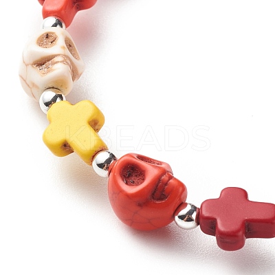 Synthetic Turquoise(Dyed) Cross & Skull Beaded Stretch Bracelet BJEW-JB08452-1