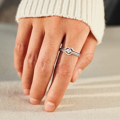 2Pcs Heart 925 Sterling Silver Micro Pave Clear Cubic Zirconia Finger Rings for Women FS-WG4005F-05-1