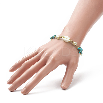 Synthetic Turquoise(Dyed) Starfish & Natural Shell & Glass Pearl Braided Bead Bracelet X-BJEW-TA00218-1