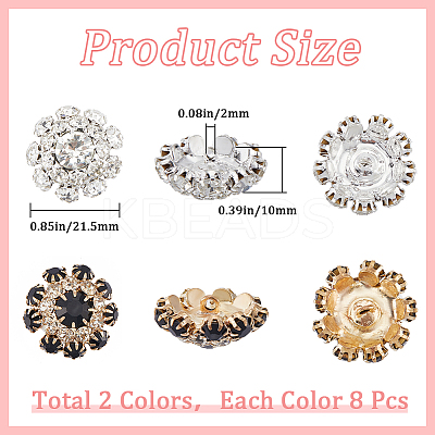 16Pcs 2 Colors 1-Hole Alloy Rhinestone Shank Buttons BUTT-GF0003-62-1