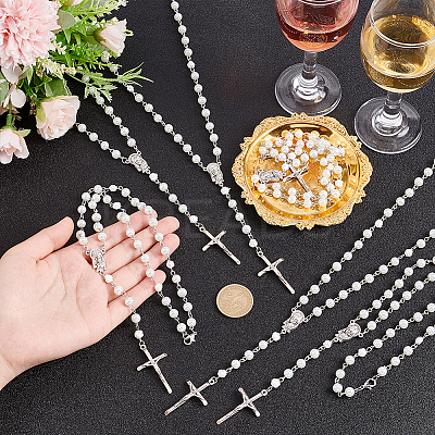 Glass Pearl & Resin Rose Rosary Bead Necklace NJEW-PH01478-1