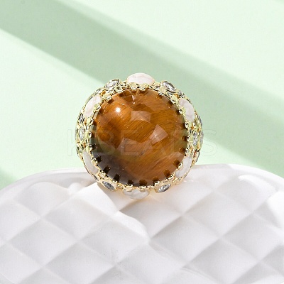 Half Round Natural Tiger Eye Cubic Zirconia Cuff Rings RJEW-M076-01G-03-1