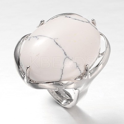 Adjustable Oval Brass Natural  Howlite Wide Band Rings RJEW-L062-03B-1