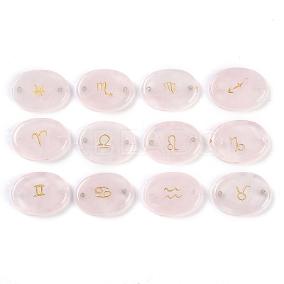 12Pcs 12 Styles Twelve Constellation Natural Rose Quartz Flat Oval Links Connector Charms G-K359-05B-1