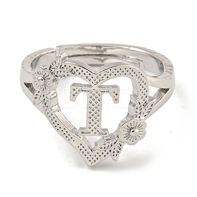Heart with Letter & Flower Rack Plating Brass Adjustable Rings for Women RJEW-I105-05P-T-1