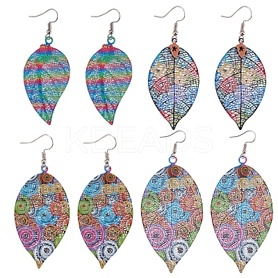 4 Pairs 4 Style Spray Painted Stainless Steel Holllow Leaf Dangle Earrings EJEW-SZ0001-35-1