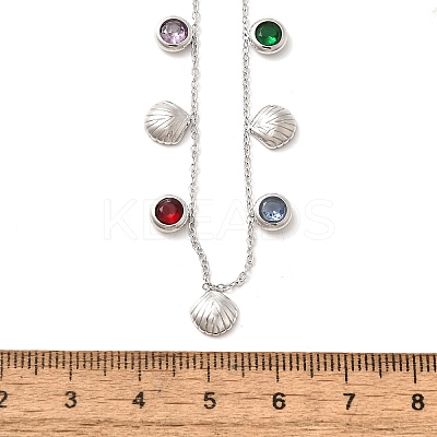 304 Stainless Steel Colorful Cubic Zirconia Flat Round & Shell Shaped Bib Necklaces for Women NJEW-U031-08P-01-1