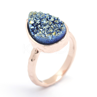 Electroplate Natural Druzy Quartz Crystal Finger Rings RJEW-I055-10RG-RS-1