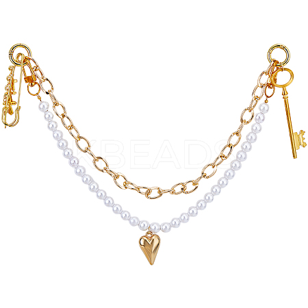 Aluminum Curb Chains & Round White Imitated Pearl Acrylic Beaded Double Layer Purse Decorative Chains HJEW-HS00068-1