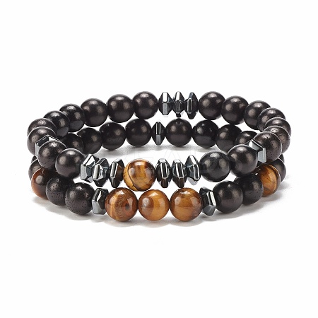2Pcs 2 Style Natural Wood & Tiger Eye & Synthetic Hematite Stretch Bracelets Set BJEW-JB07940-1