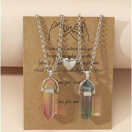 2Pcs Glass Double Faceted Pointed Bullet Pendant Couple Necklaces with Heart Magnetic Clasps FS-WG058EE-04-1