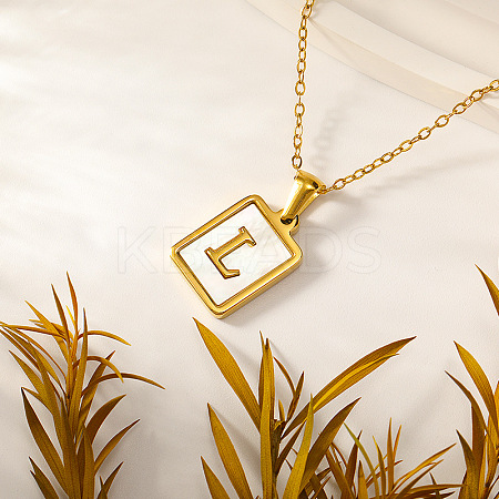 Rectangle 304 Stainless Steel Pave Natural White Shell Initial Pendant Necklaces for Women FS-WGB5EDA-12-1